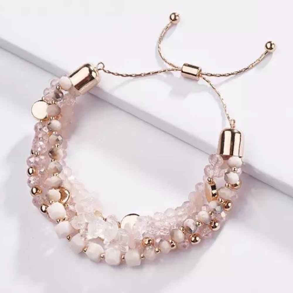Gold Plated Rose Quartz Gemstone Beaded Multi-strand Adjustable Slip On Bracelet